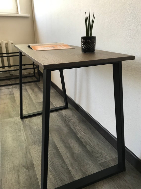 Dark Brown Varnished Oak Wood Desk Powder Coated Black Table Etsy