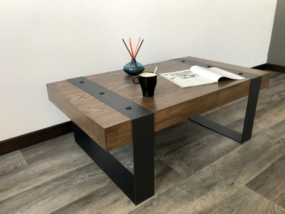 Coffee Table Natural Dark Brown Thick Wooden Tabletop Steel Etsy