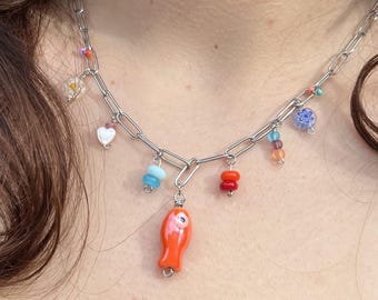 Handmade Crystal Charm Necklace, Summer Vibes, Red Colourful Fish Flower Glass Charm Jewellery, Silver Plated Gold Plated Layering Jewelry