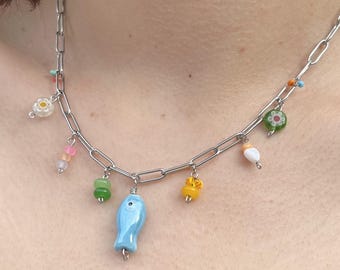 Handmade Crystal Charm Necklace, Summer Vibes, Blue Colourful Fish Flower Glass Charm Jewellery, Silver Plated Gold Plated Layering Jewelry