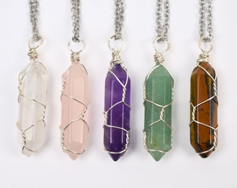 Collier pointe de cristal, pendentif en cristal fait main sur fil, quartz rose, aventurine, améthyste, oeil de tigre, quartz, bijoux de pierre de naissance