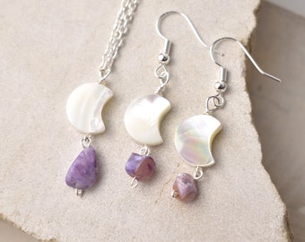 Handmade Crescent Moon Mother of Pearl Crystal Set, Healing Crystal Charoite Earrings and Necklace Set, Charoite Jewellery, Gifts