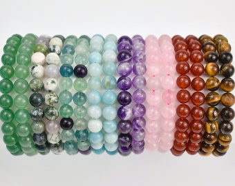 Healing Crystal Bead Bracelet: Quartz, Agate, Aventurine, Amethyst, Amazonite, Tigers Eye Gemstone Stretchy Bracelet