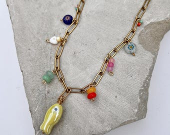 Handmade Crystal Charm Necklace, Summer Vibes, Green Colourful Fish Flower Glass Charm Jewellery, Silver Plated Gold Plated Layering Jewelry