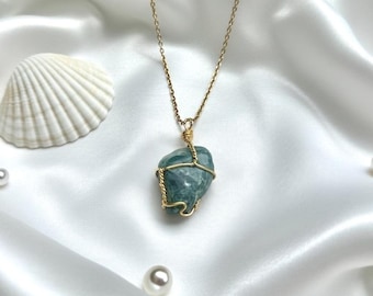 Handmade Wire Wrapped Crystal Pendant, Moss Agate Necklace, Jewellery Gift For Women With 18 Inch Gold Chain, Healing Gemstone Jewelry