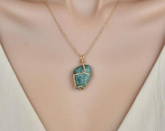 Handmade Wire Wrapped Crystal Pendant, Moss Agate Necklace, Jewellery Gift For Women With 18 Inch Gold Chain, Healing Gemstone Jewelry