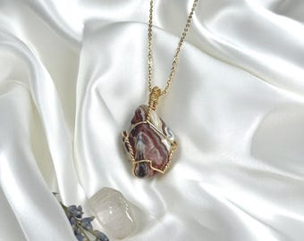 Handmade Wire Wrapped Crystal Pendant, Crazy Lace Necklace, Jewellery Gift For Women With 18 Inch Gold Chain, Healing Gemstone Jewelry