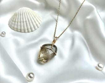 Handmade Wire Wrapped Crystal Pendant, Moss Agate Necklace, Jewellery Gift For Women With 18 Inch Gold Chain, Healing Gemstone Jewelry