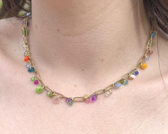 Colourful Glass Bead Necklace, Paperclip Chain Charm Necklace, Summer Jewellery, Gold or Silver Plated, Layering Necklace, Gifts for her