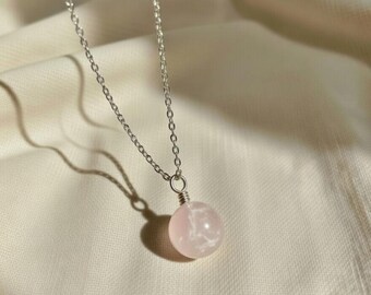 Handmade Simple Crystal Bead Pendant, Girly Rose Quartz Necklace, Healing Gemstone Jewellery, With 18 inch chain, Dainty Jewelry for Her