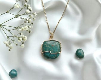 Handmade Wire Wrapped Crystal Pendant, Ocean Jasper Necklace, Jewellery Gift For Women With 18 Inch Gold Chain, Healing Gemstone Jewelry