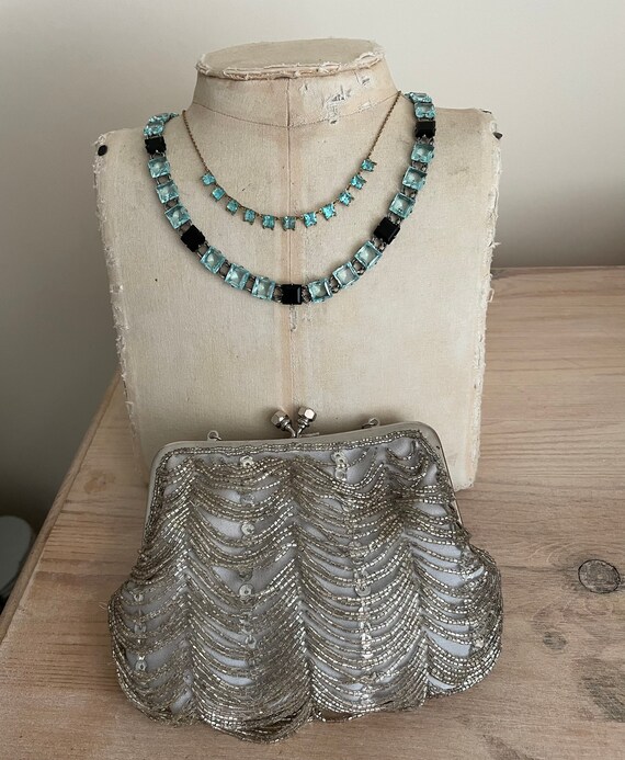 Vintage deco aqua blue and black crystal necklace - image 3