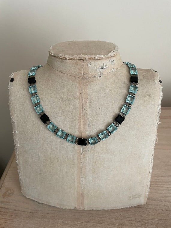 Vintage deco aqua blue and black crystal necklace - image 1