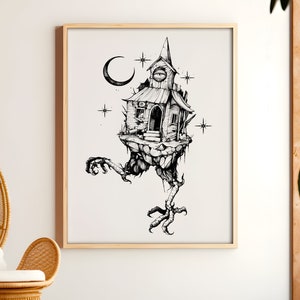 Könnte beinhalten: Schwarz-weiß-Illustration eines unheimlichen Hauses mit einem Zifferblatt auf der Vorderseite, das auf einer felsigen Plattform thront und von zwei krallenbewehrten Beinen getragen wird. Das Haus ist vor dem Hintergrund eines Halbmondes und Sternen platziert.