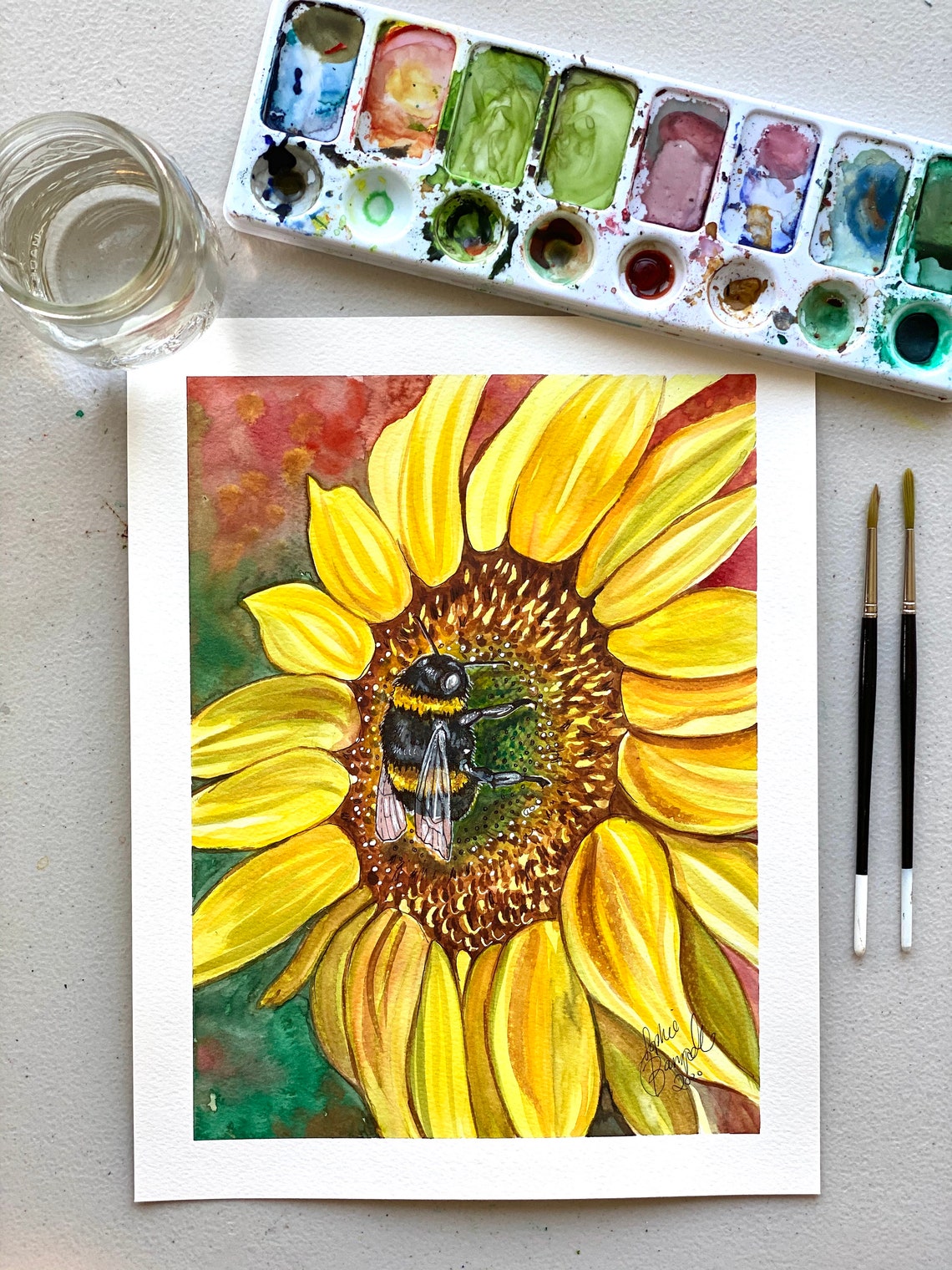 Vibrant Sunflower & Bee Watercolor Illustration Flower Etsy