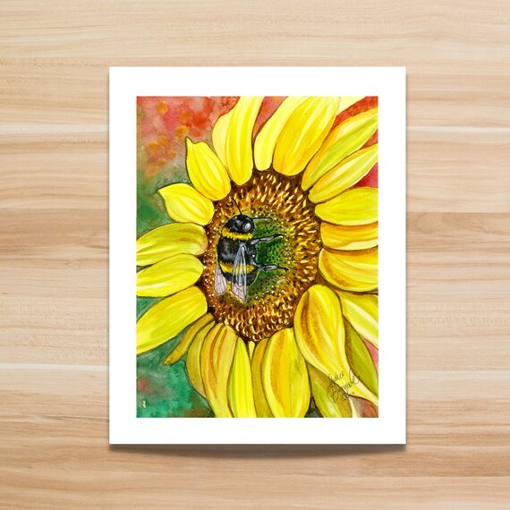 Vibrant Sunflower & Bee Watercolor Illustration Flower Etsy