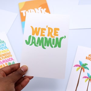 Carte We're Jammin' - Caraïbes - Carte de voeux - Reggae - Jamaïque - Tropical - Carte d'anniversaire - Vert - Jaune - Musique reggae