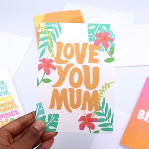 Je t'aime maman - fête des mères - anniversaire - carte pour maman, maman, mère, maman - fleurs - fleurs tropicales - plantes - Caraïbes