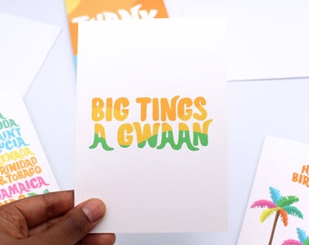Big Tings A Gwaan Card - Caraibi - Biglietto d'auguri - Giamaica - Biglietto di compleanno - Biglietto vuoto - Tropicale - Verde - Giallo - Patois giamaicano