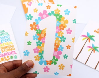 Tropical 1st Birthday Card - Flowers Birthday Card - One - Greeting Card - Caribbean - Floral - Colourful - Bright