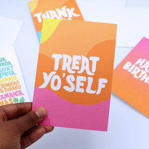Carte Treat Yo'Self - Caraïbes - Coloré - Tropical - Rose - Orange - Carte d'anniversaire - Carte de voeux - Papier issu de forêts durables