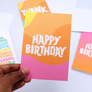 Joyeux anniversaire carte vague - coloré - tropical - coucher de soleil - Caraïbes - carte d'anniversaire - rose - orange - bleu - vert