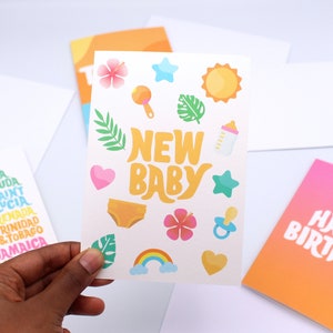 Carte de naissance tropicale - lumineuses - tropicales - Caraïbes - carte de voeux - baby shower - soleil - arc-en-ciel - félicitations - carte de naissance
