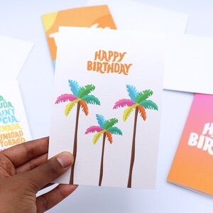 Carte de palmiers joyeux anniversaire - Carte d’anniversaire tropicale - Carte de vœux - Caraïbes - Plage - Coloré - Lumineux