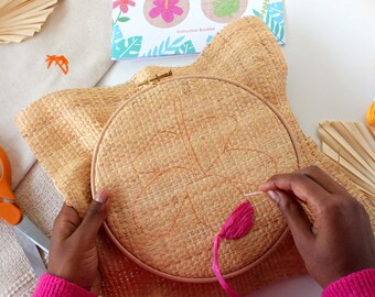 Raffia Embroidery Kit | Hibiscus Flower Hoop Art | Beginner Caribbean Craft Kit