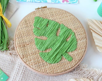 Raffia Embroidery Kit | Monstera Leaf Hoop Art | Beginner Caribbean Craft Kit