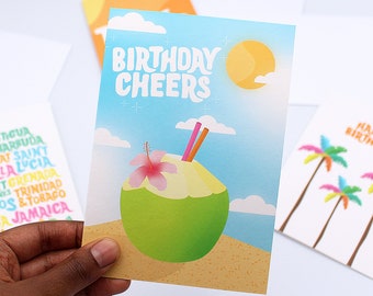 Birthday Cheers Coconut - Birthday Card - Rum Cocktail - Tropical - Caribbean - Greeting Card - Happy Birthday - Cocktails - Beach