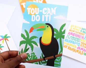 Tou-Can Do It Card - Incoraggiamento - Carta edificante - Luminosa - Tropicale - Caraibica - Incoraggiante - Positiva - Carta con citazione positiva - Tucano