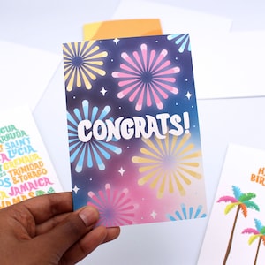 Félicitations carte de feux d'artifice - carte de félicitations - carte de voeux - tropical - Caraïbes - célébration - carte de fête - lumineux