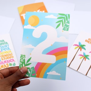 Carte d'anniversaire tropicale de 2e anniversaire - Carte d'anniversaire arc-en-ciel - Deux - Carte de voeux - Caraïbes - Tropical - Coloré - Lumineux