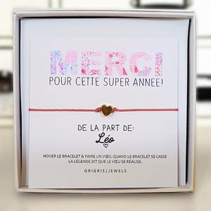 BRACELET à VOEU à nouer + Carte Merci pour cette Année • Cadeau pour Maîtresse, Nounou, ATSEM • Cadeau Merci fin d'année • Bijou Fais un Vœu