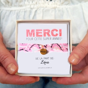 Bracelet Bandana + Carte personnalisée Merci pour cette année • Cadeau fin d’année scolaire maîtresse/ nounou/ ATSEM/ crèche/ puéricultrice