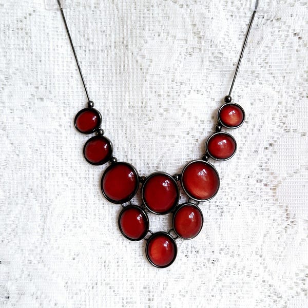 Laura Ashley Statement Bib Necklace Gunmetal Festoon Necklace Deep Red Cabochon Stones Vintage Inspired Evening Jewellery