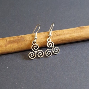 Triskelion Dangle Earrings in Silver, Celtic Spiral Design, Unique Jewellery, Spiritual Gift for Her