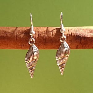 Peut inclure: Une paire de boucles d'oreilles en argent avec un motif de coquillage. Les boucles d'oreilles sont suspendues à une surface en bois.