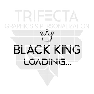 Peut inclure: Conception graphique en noir et blanc avec le texte "Black King Loading..." et une couronne au-dessus du texte.