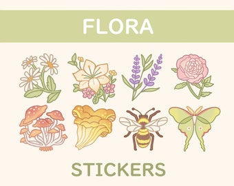 Könnte beinhalten: Eine Sammlung von Flora-Aufklebern mit Illustrationen von Blumen, Pilzen, einer Biene und einer Motte. Das Wort "FLORA" steht oben und "STICKERS" unten, beide in weißer Schrift. Die Aufkleber haben eine weiche, pastellfarbene Farbpalette.