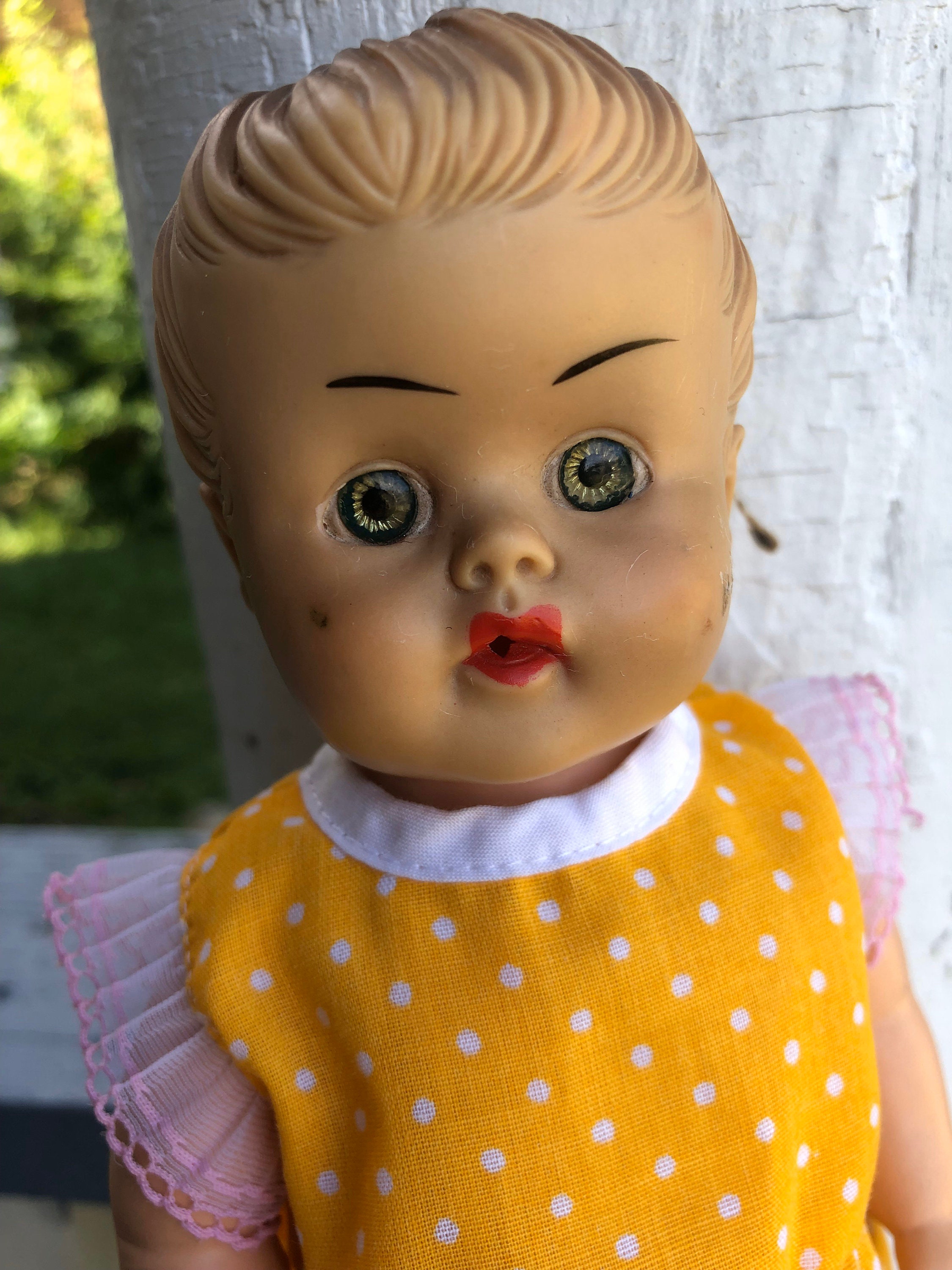 Vintage Rubber Squeak Doll Girl with Yellow Polka Dot Dress Etsy
