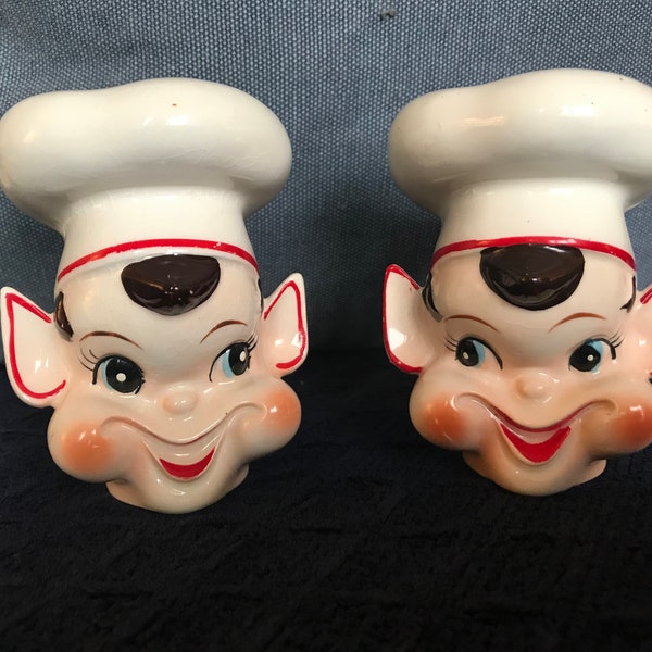 Rare Vintage Made in Japan Ceramic Elf Chef Pixie Salt and Pepper Shakers