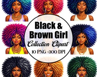 Black Girl Clip Art PNG Bundle, téléchargement numérique de femme afro-américaine, Illustration de cheveux Afro, oeuvre d'art imprimable pour le bricolage, T-shirts et autocollants