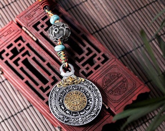 Tibetan Mirror - Melong Charm Hanging | Defense and Protection Buddhist Amulet, Car Rear View Mirror Accessory, Spiritual Gift