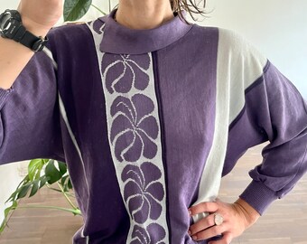 Paars gestreepte lange mouw bloemen crop trui maat klein / vintage asymmetrisch sweatshirt / jaren 90 80 Geek gebreide trui top