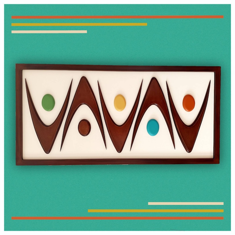 Mid Century Modern Holz Wandkunst mit Tribal Design, Retro Farben Kunstwerk, 50x40 cm Bild 2