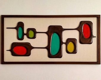 Mid-Century Modern Wood Wall Art, Eames Era Decor, 1970s Atomic age Age design, Witco inspired Wall Sculpture with Retro Colors