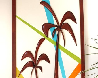 Mid Century Modern Wood Wall Art - 3D wood palm tree wall art with retro colors