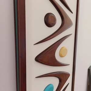 Mid Century Modern Holz Wandkunst mit Tribal Design, Retro Farben Kunstwerk, 50x40 cm Bild 10